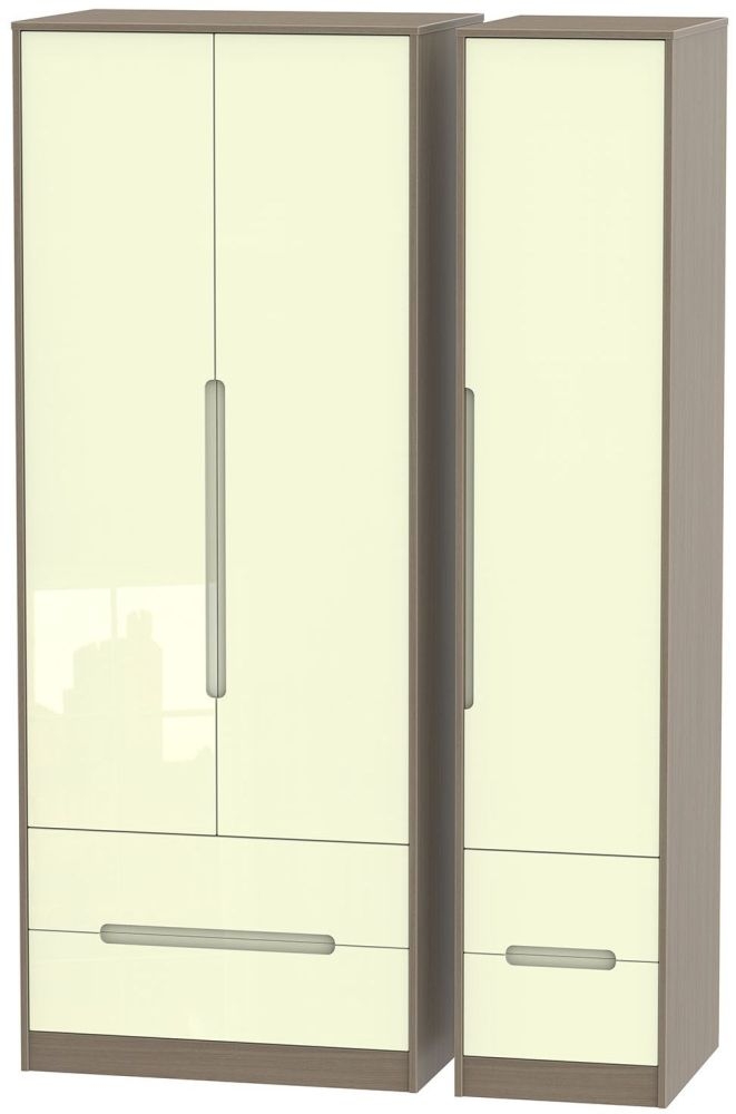 Monaco 3 Door 4 Drawer Tall Wardrobe High Gloss Cream And Toronto Walnut