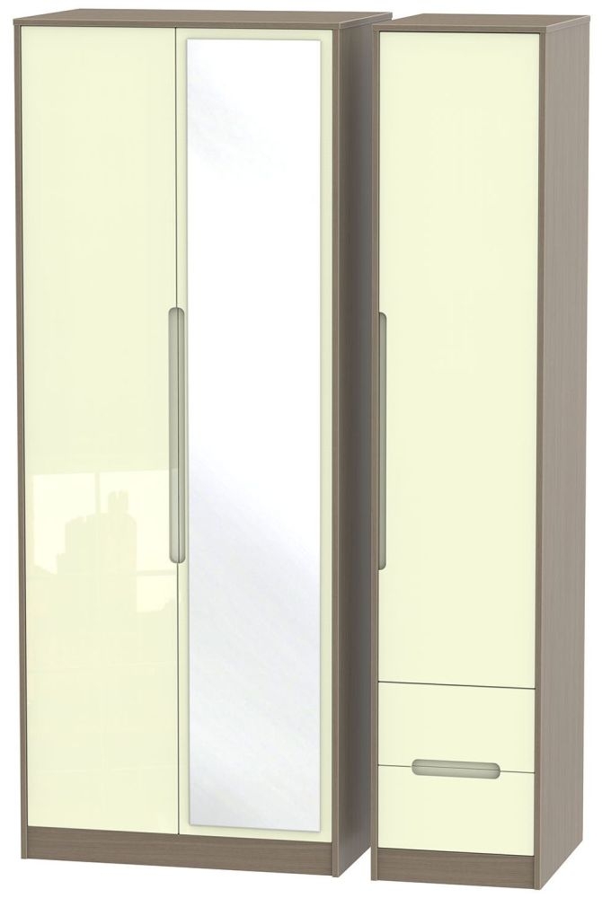 Monaco 3 Door 2 Right Drawer Tall Combi Wardrobe High Gloss Cream And Toronto Walnut