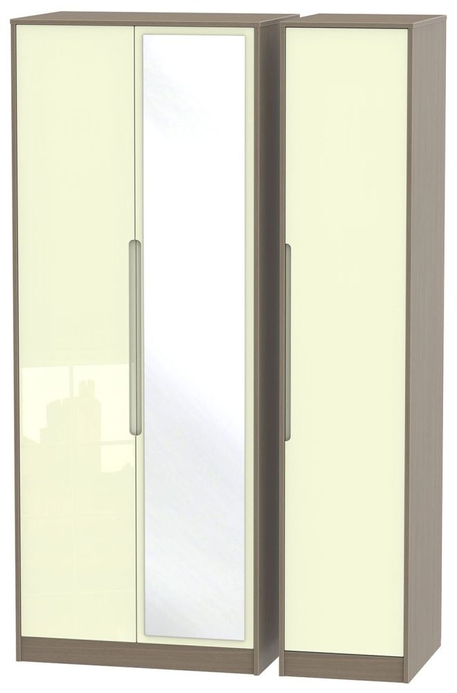 Monaco 3 Door Tall Mirror Wardrobe High Gloss Cream And Toronto Walnut