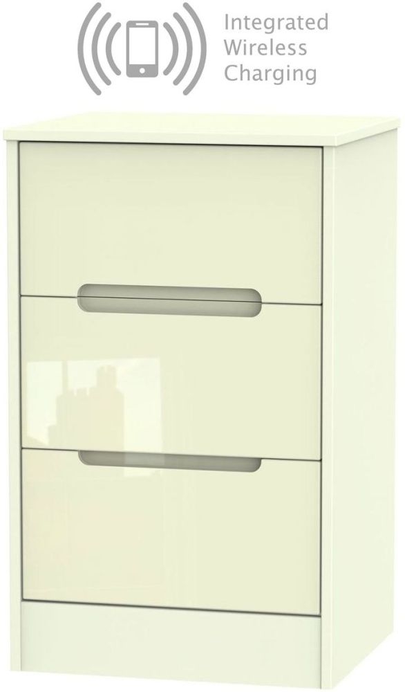 Monaco High Gloss Cream 3 Drawer Bedside Cabinet With Integrated Wireless Charging