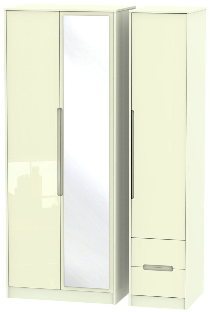 Monaco High Gloss Cream 3 Door 2 Right Drawer Tall Combi Wardrobe