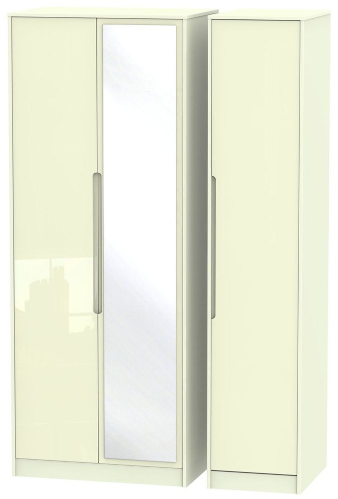Monaco High Gloss Cream 3 Door Tall Mirror Wardrobe