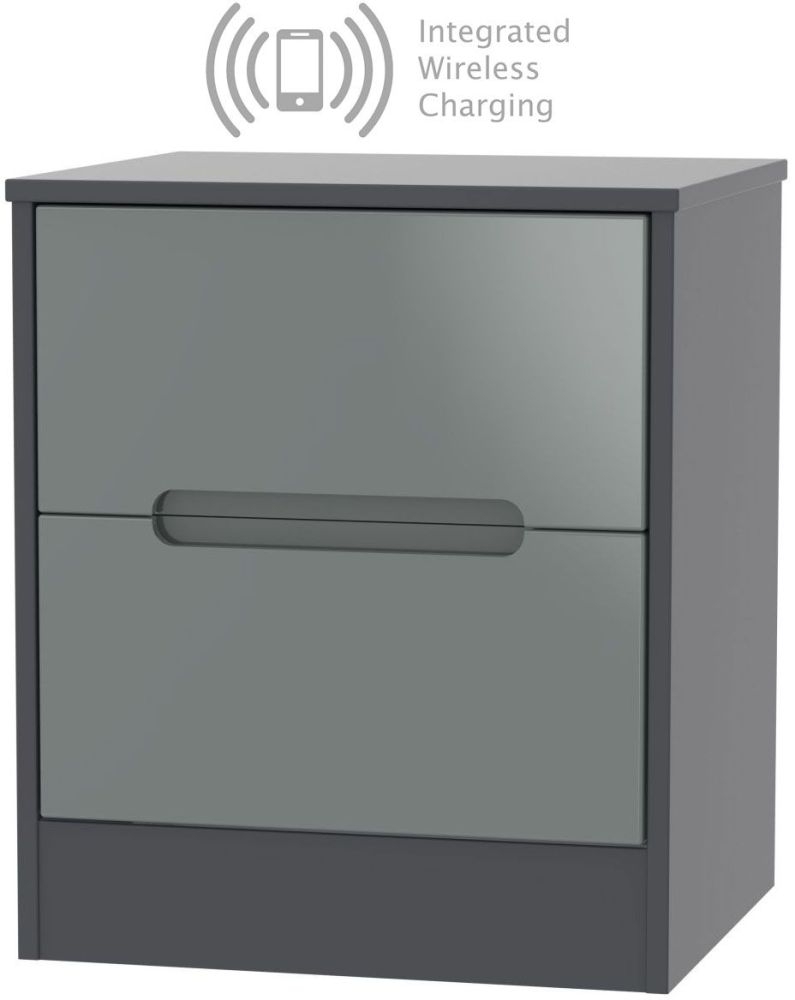 Monaco 2 Drawer Bedside Cabinet With Integrated Wireless Charging High Gloss Grey And Graphite