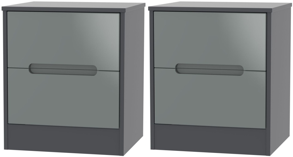 2 X Monaco High Gloss Grey And Graphite 2 Drawer Bedside Cabinet Pair