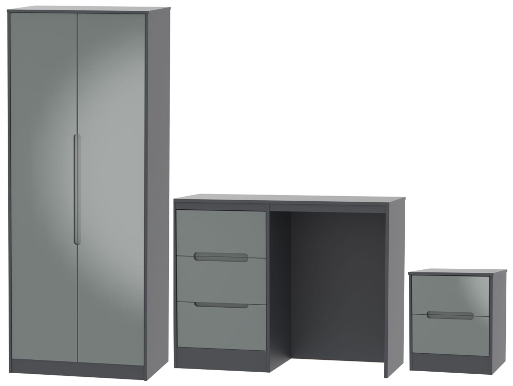 Monaco High Gloss Grey And Graphite 3 Piece Bedroom Set With 2 Door Wardrobe