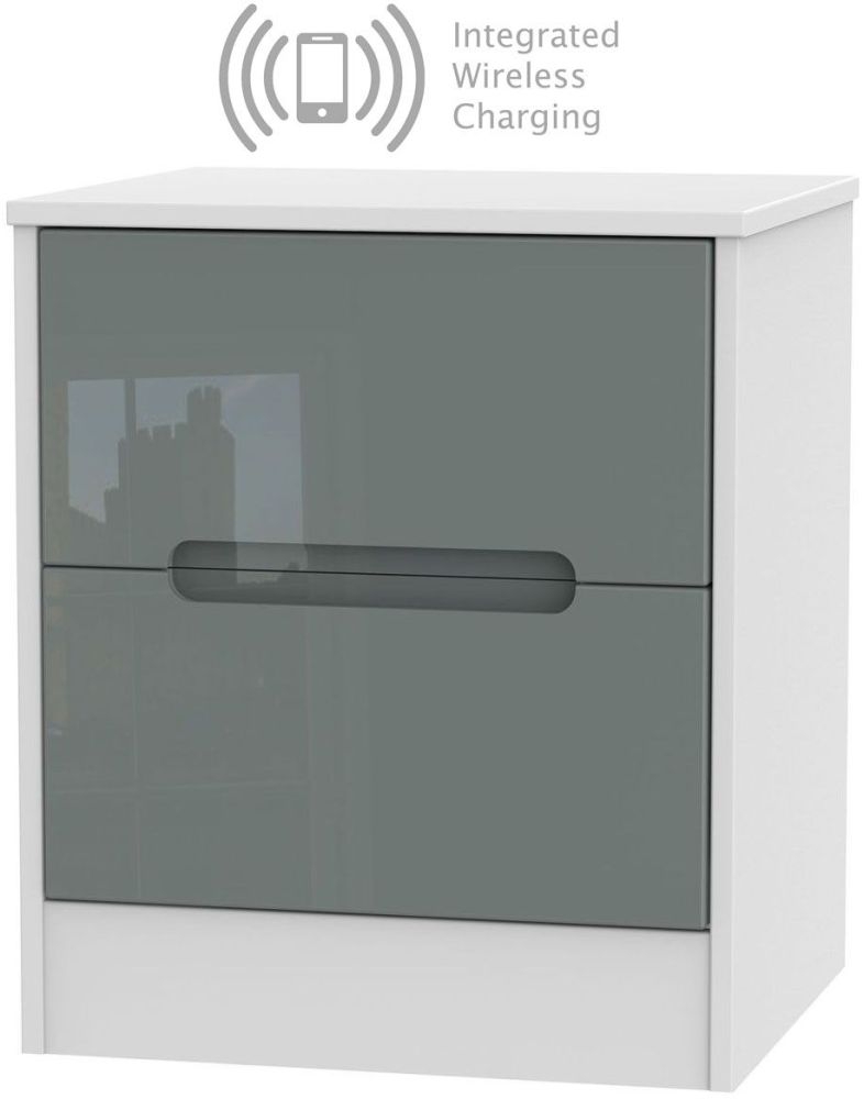 Monaco 2 Drawer Bedside Cabinet With Integrated Wireless Charging High Gloss Grey And White