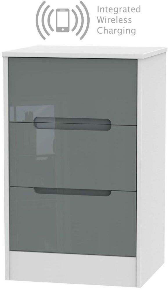 Monaco 3 Drawer Bedside Cabinet With Integrated Wireless Charging High Gloss Grey And White