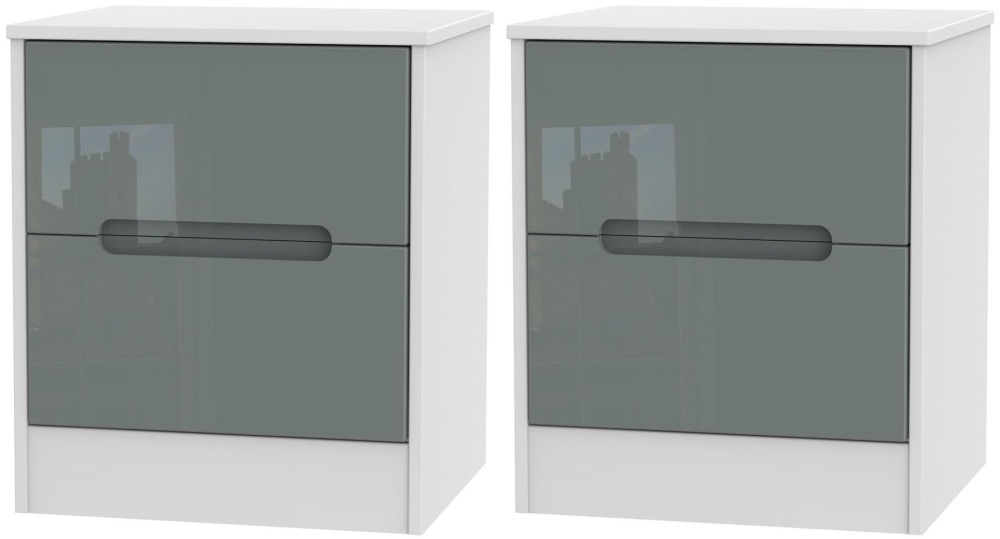 2 X Monaco High Gloss Grey And White 2 Drawer Bedside Cabinet Pair