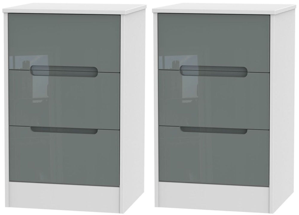 2 X Monaco High Gloss Grey And White 3 Drawer Bedside Cabinet Pair