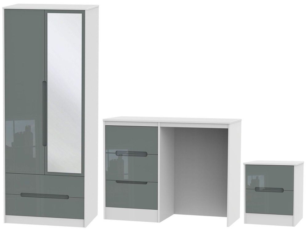 Monaco High Gloss Grey And White 3 Piece Bedroom Set With 2 Door Mirror Wardrobe