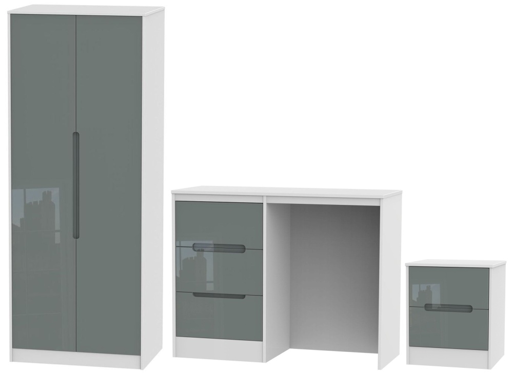 Monaco High Gloss Grey And White 3 Piece Bedroom Set With 2 Door Wardrobe