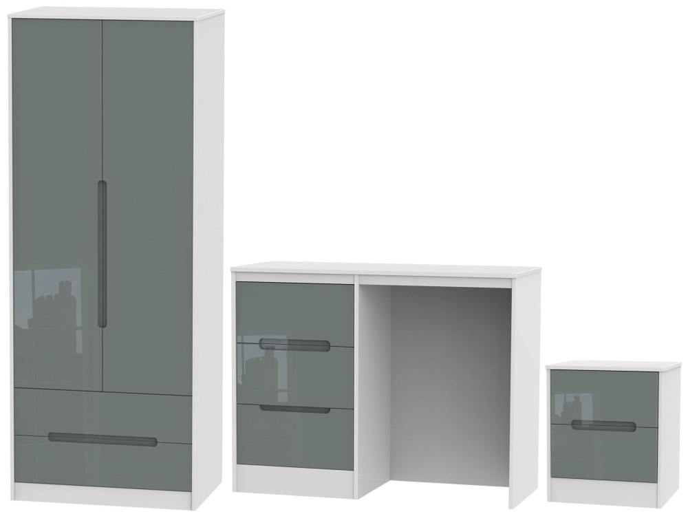 Monaco High Gloss Grey And White 3 Piece Bedroom Set With 2 Drawer Wardrobe