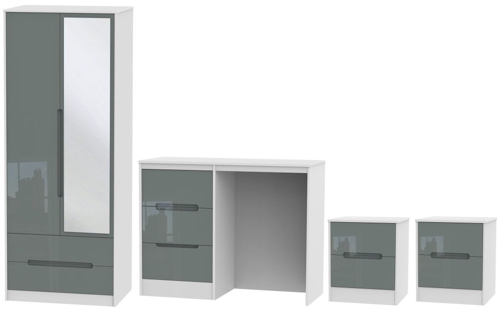 Monaco High Gloss Grey And White 4 Piece Bedroom Set With 2 Door Mirror Wardrobe