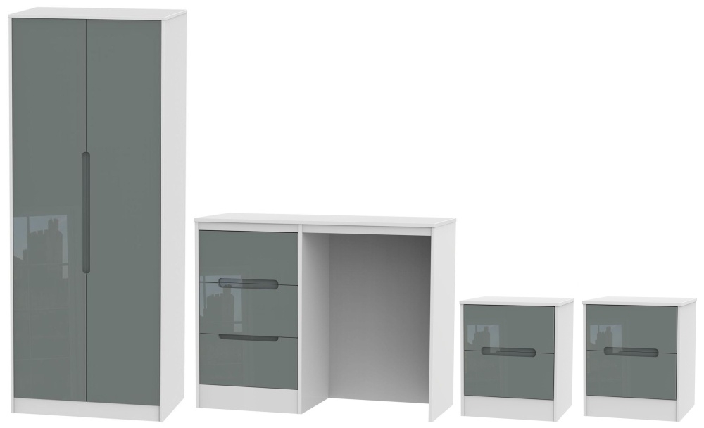 Monaco High Gloss Grey And White 4 Piece Bedroom Set With 2 Door Wardrobe