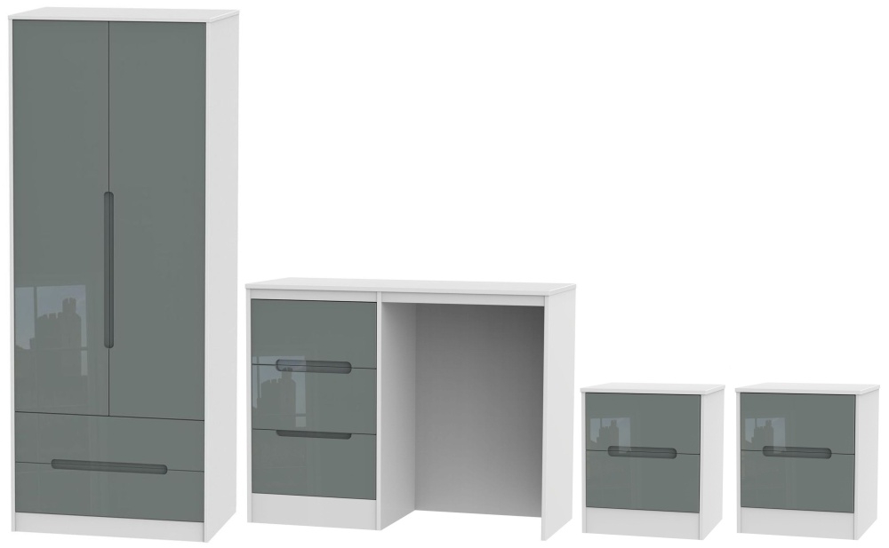 Monaco High Gloss Grey And White 4 Piece Bedroom Set With 2 Drawer Wardrobe