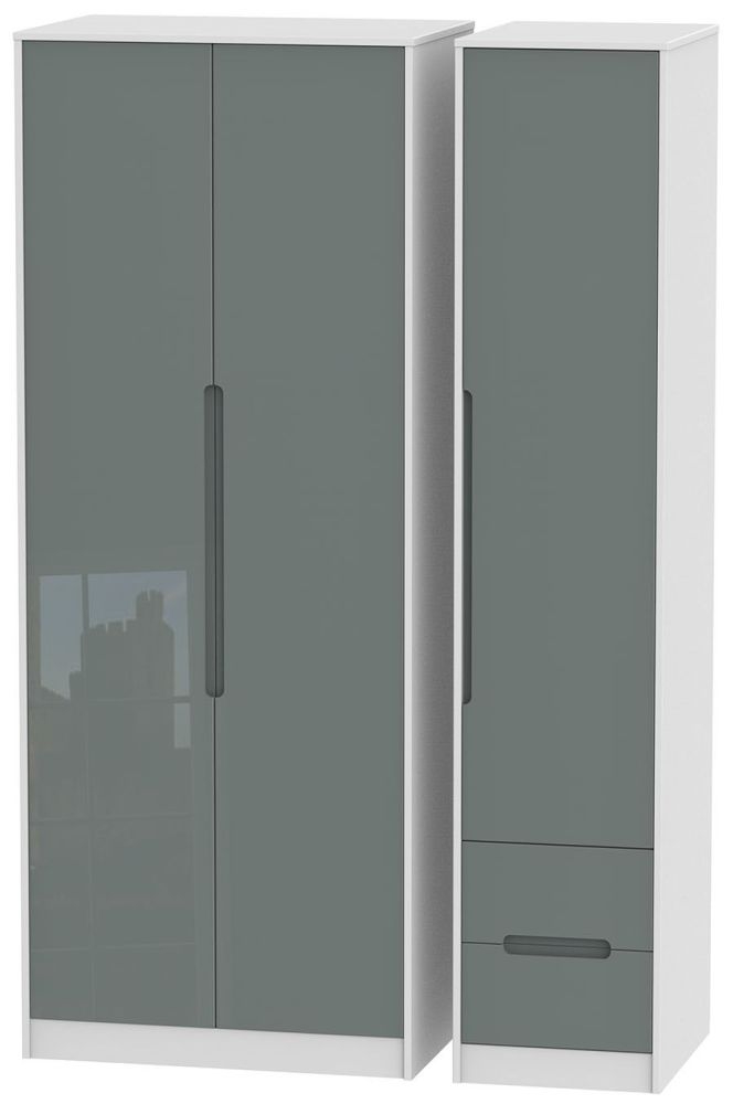 Monaco 3 Door 2 Right Drawer Tall Wardrobe High Gloss Grey And White