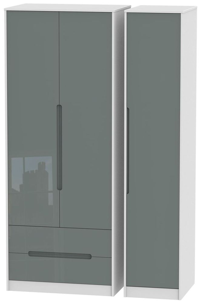 Monaco 3 Door 2 Left Drawer Tall Wardrobe High Gloss Grey And White