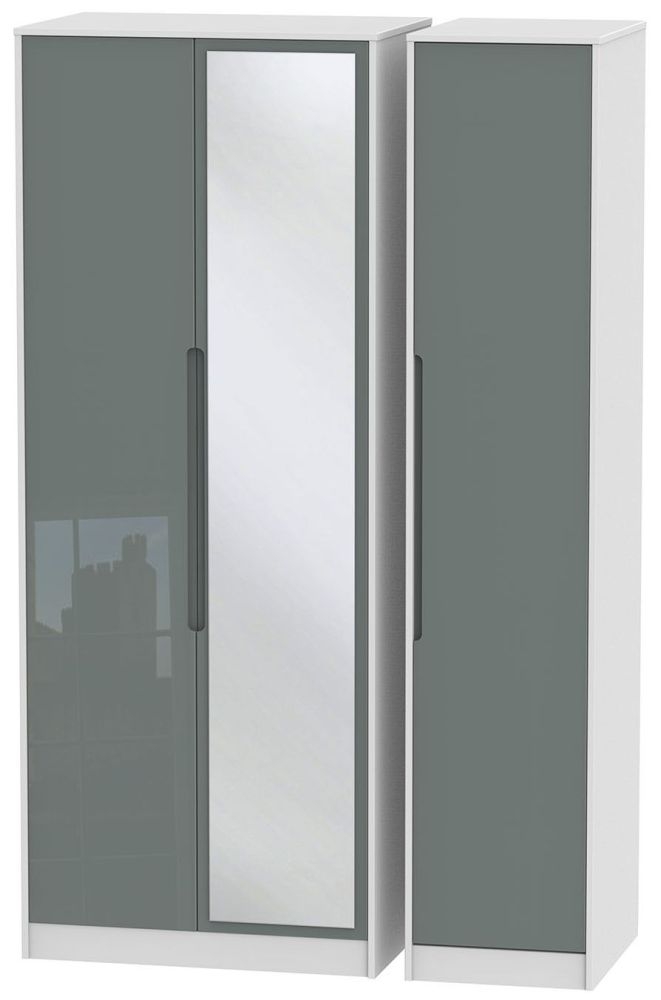 Monaco 3 Door Tall Mirror Wardrobe High Gloss Grey And White