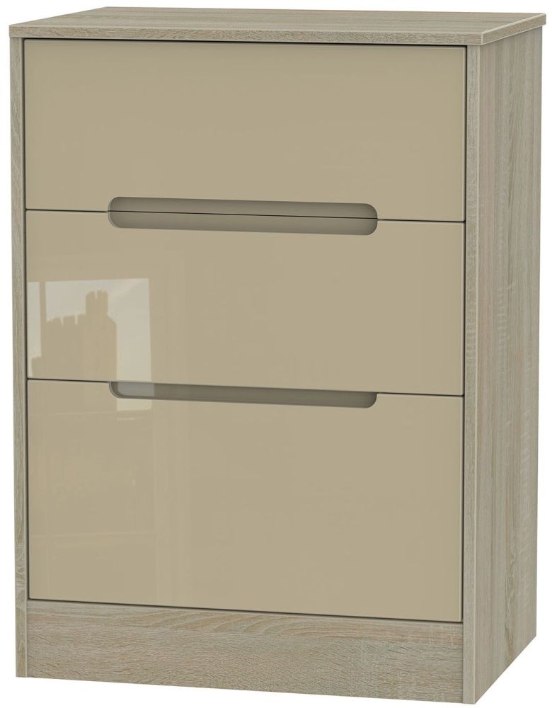 Monaco 3 Drawer Deep Midi Chest High Gloss Mushroom And Darkolino