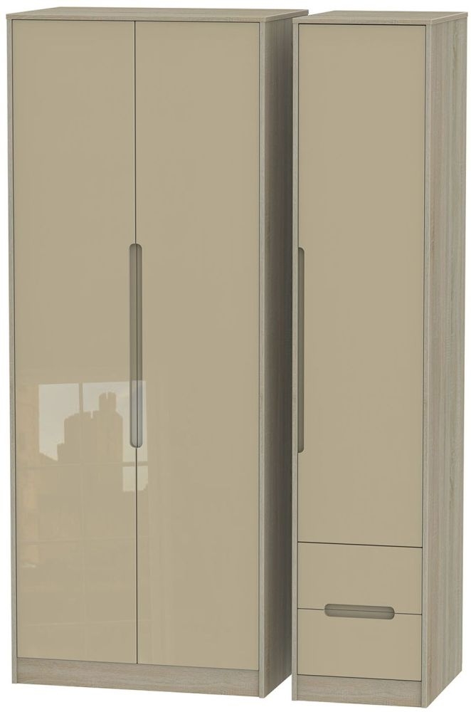 Monaco 3 Door 2 Right Drawer Tall Wardrobe High Gloss Mushroom And Darkolino