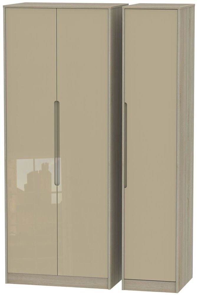 Monaco 3 Door Tall Wardrobe High Gloss Mushroom And Darkolino