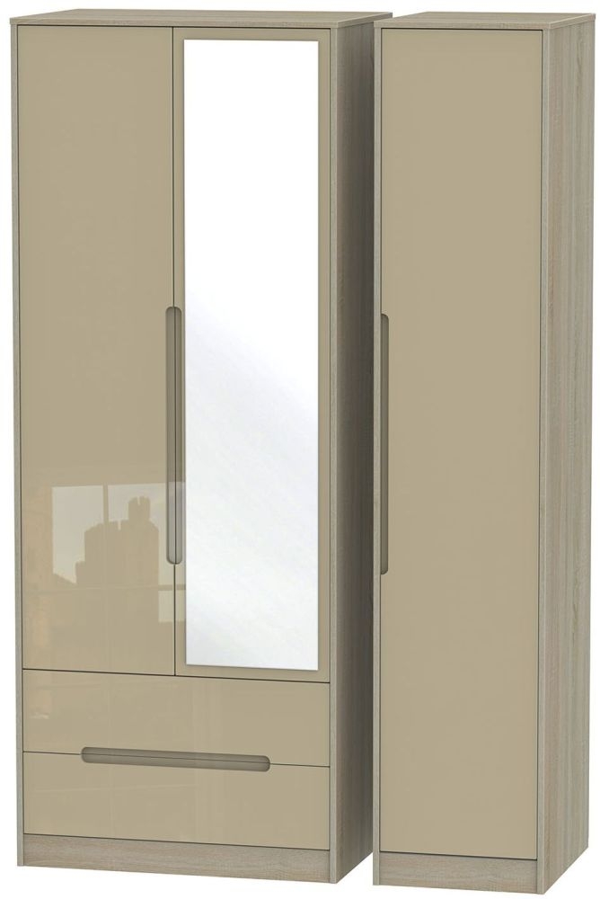 Monaco 3 Door 2 Left Drawer Tall Combi Wardrobe High Gloss Mushroom And Darkolino