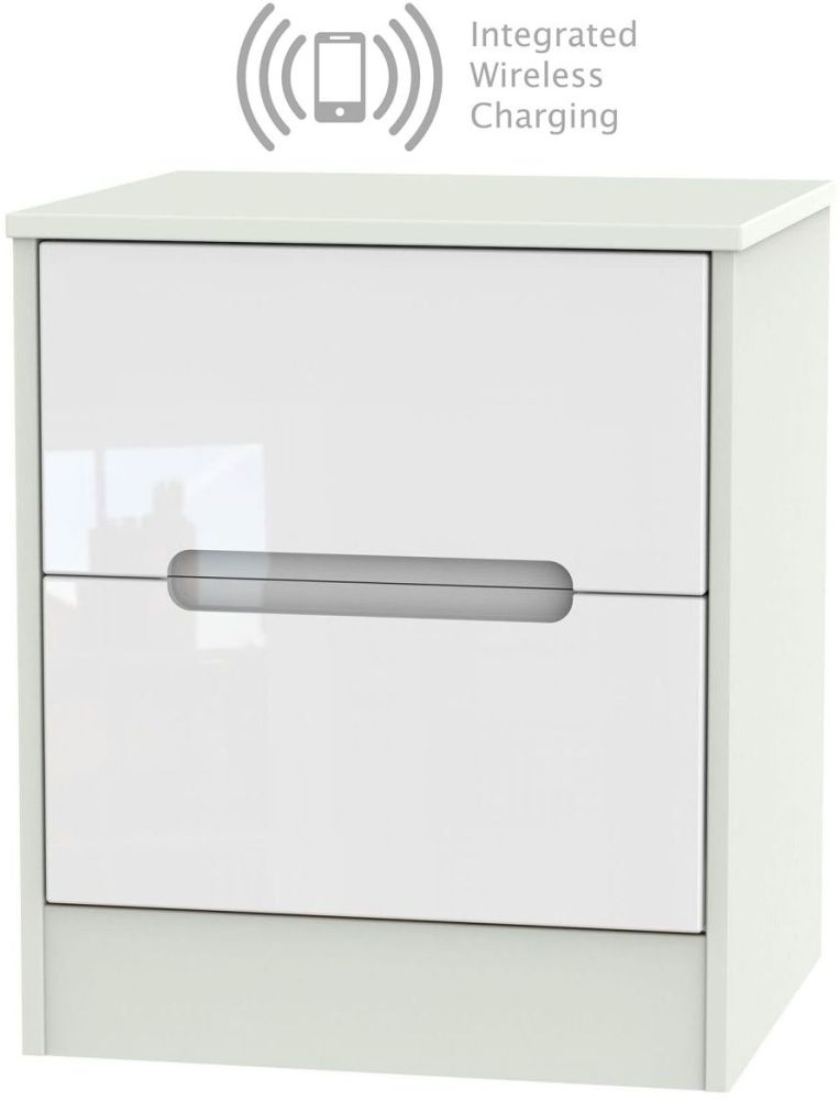 Monaco 2 Drawer Bedside Cabinet With Integrated Wireless Charging High Gloss White And Kaschmir