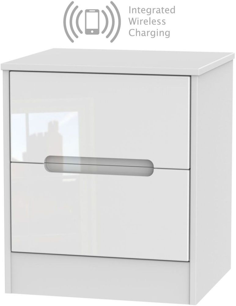 Monaco High Gloss White 2 Drawer Bedside Cabinet With Integrated Wireless Charging