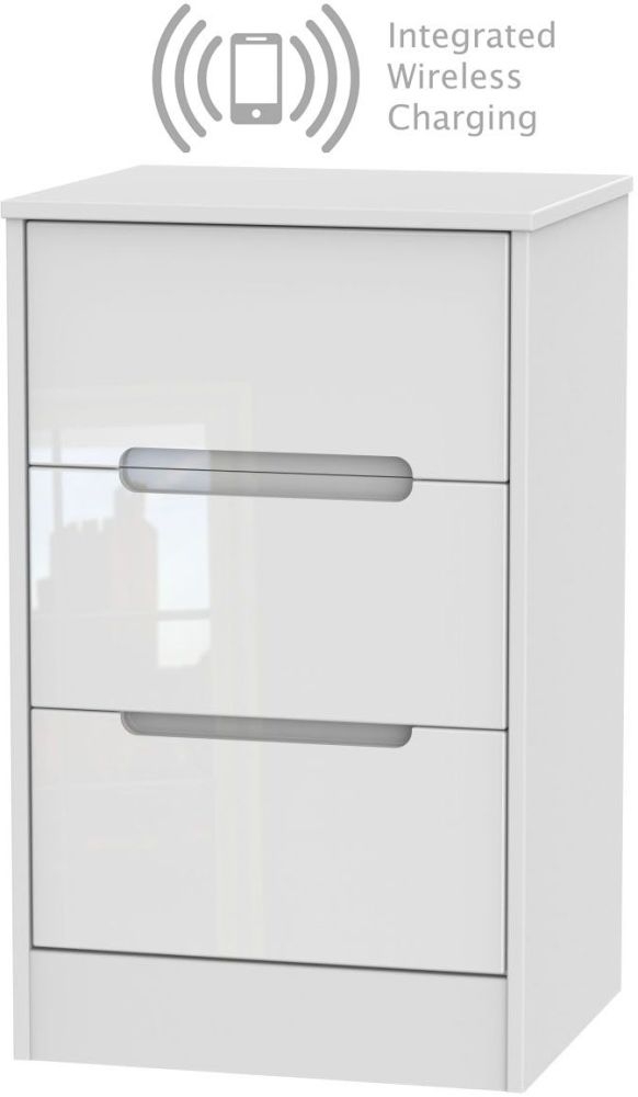 Monaco High Gloss White 3 Drawer Bedside Cabinet With Integrated Wireless Charging