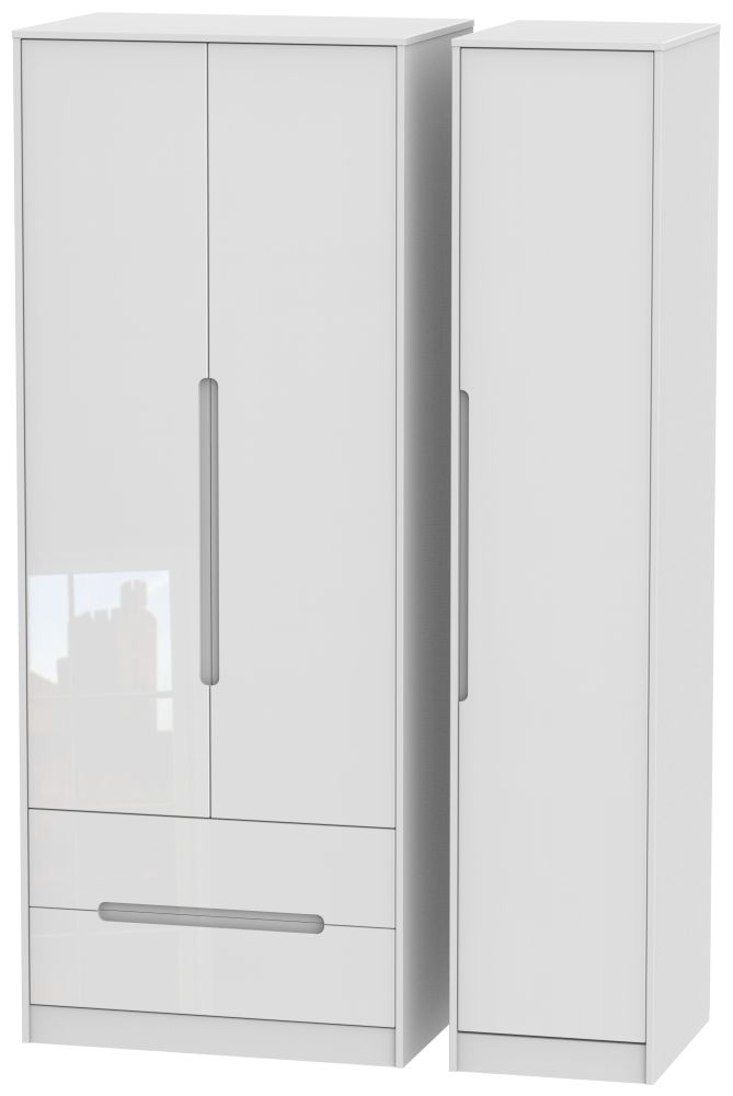 Monaco High Gloss White 3 Door 2 Left Drawer Tall Wardrobe