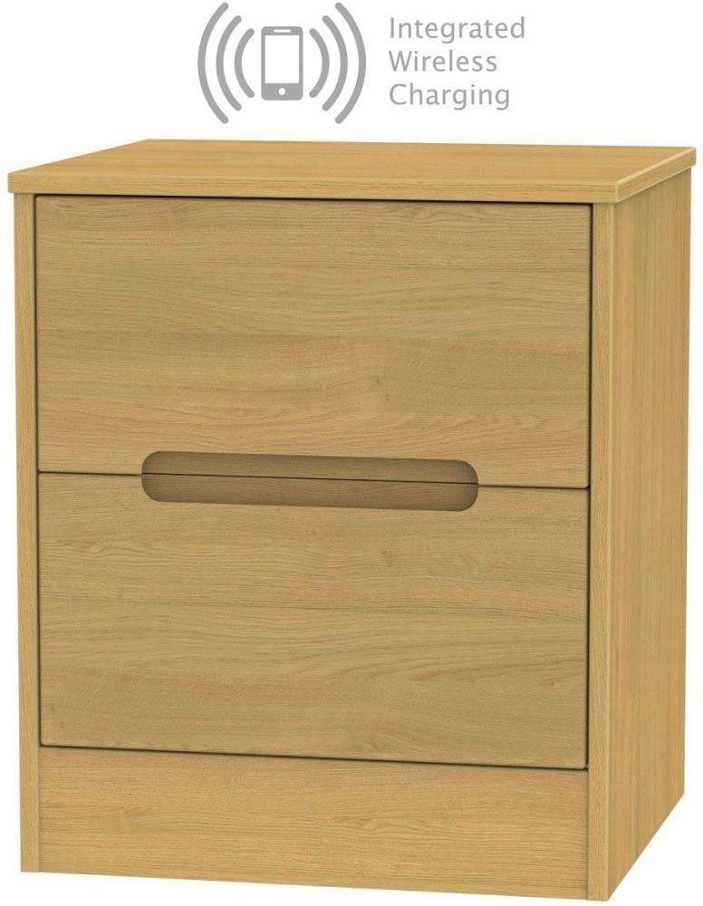 Monaco Modern Oak 2 Drawer Bedside Cabinet With Integrated Wireless Charging