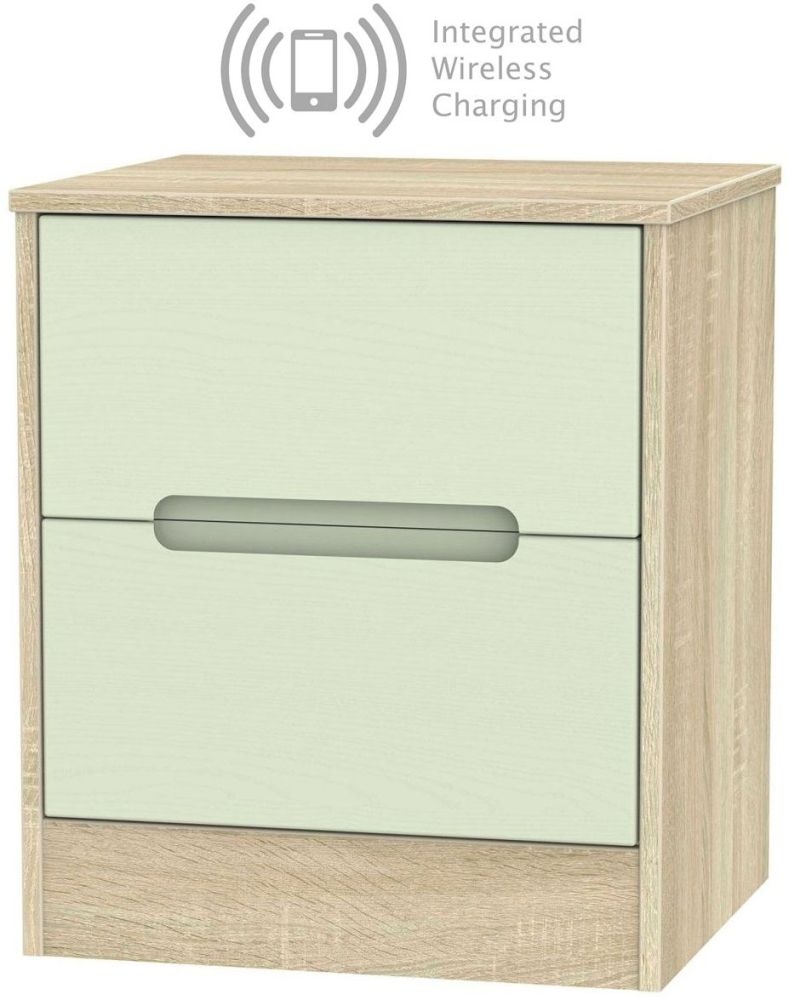 Monaco 2 Drawer Bedside Cabinet With Integrated Wireless Charging Mussel And Bardolino