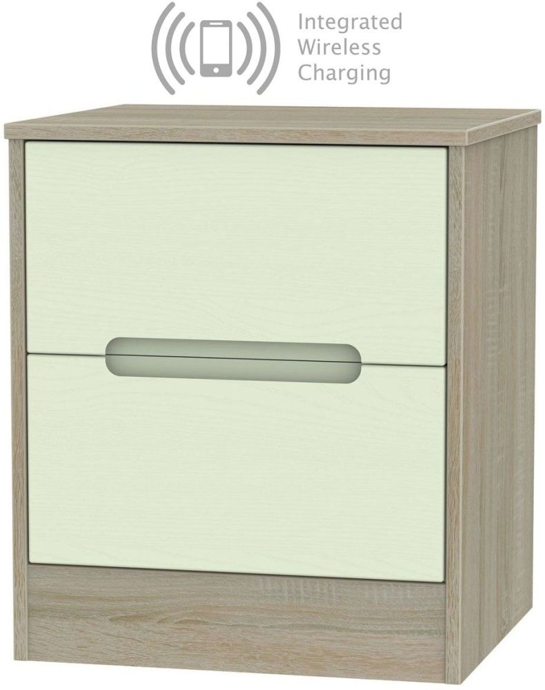 Monaco 2 Drawer Bedside Cabinet With Integrated Wireless Charging Mussel And Darkolino