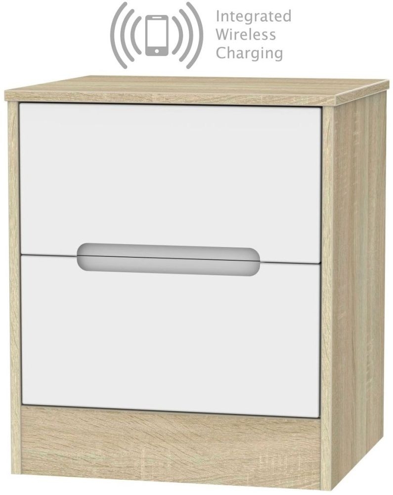 Monaco 2 Drawer Bedside Cabinet With Integrated Wireless Charging White Matt And Bardolino