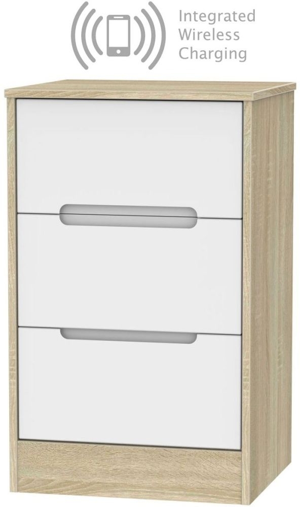 Monaco 3 Drawer Bedside Cabinet With Integrated Wireless Charging White Matt And Bardolino
