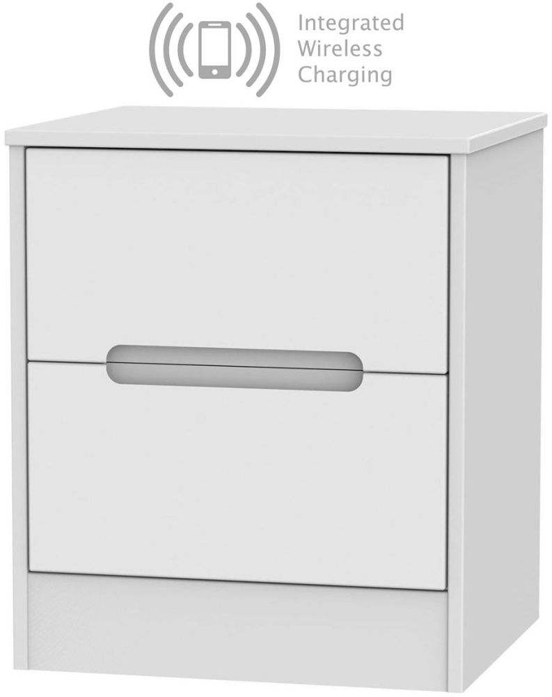 Monaco White 2 Drawer Bedside Cabinet With Integrated Wireless Charging