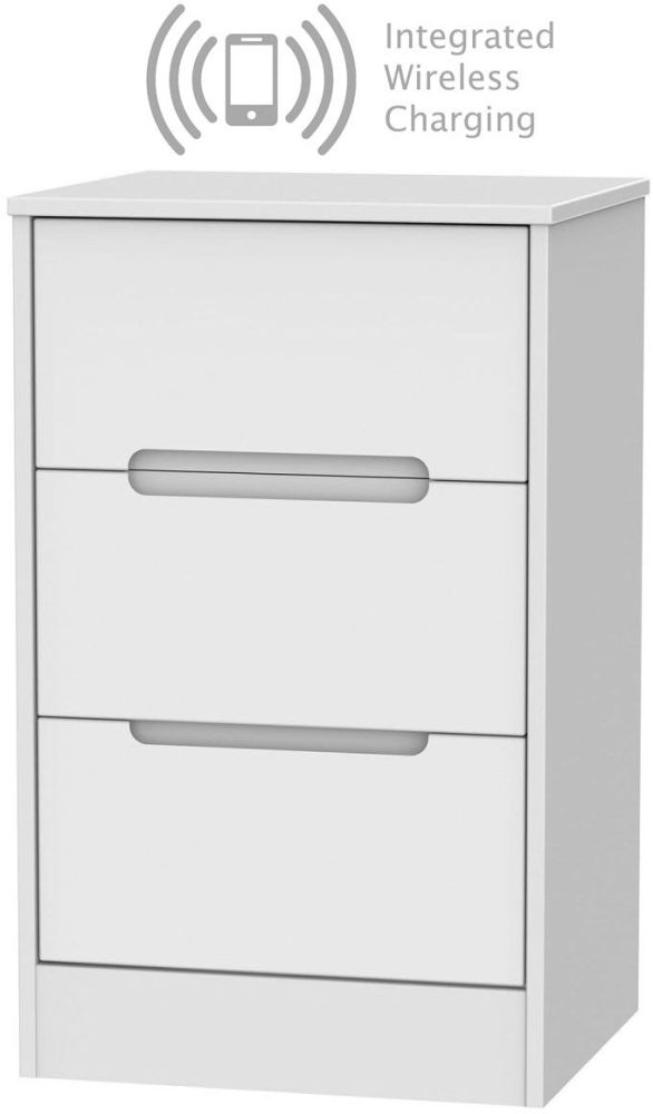 Monaco White 3 Drawer Bedside Cabinet With Integrated Wireless Charging