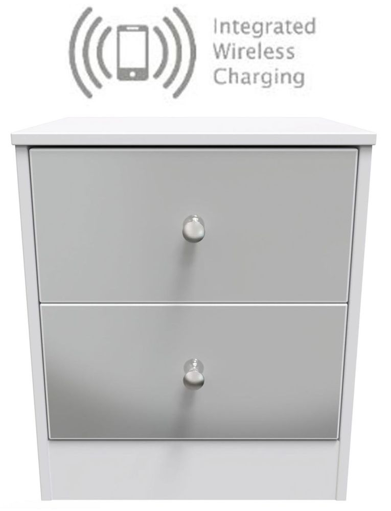 Padstow Unifrom Gloss And Matt White 2 Drawer Bedside Cabinet With Integrated Wireless Charging