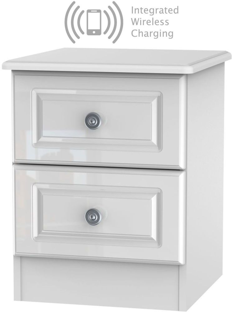 Pembroke High Gloss White 2 Drawer Bedside Cabinet With Integrated Wireless Charging