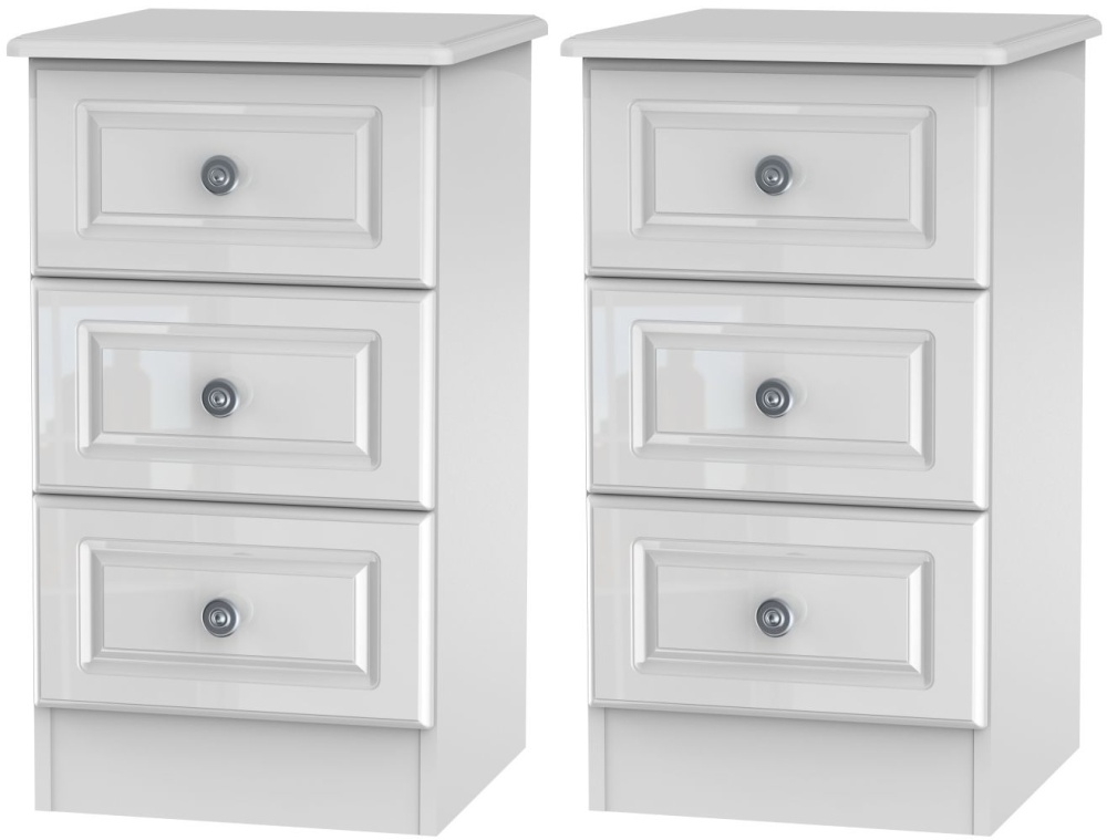 2 X Pembroke High Gloss White 3 Drawer Bedside Cabinet Pair