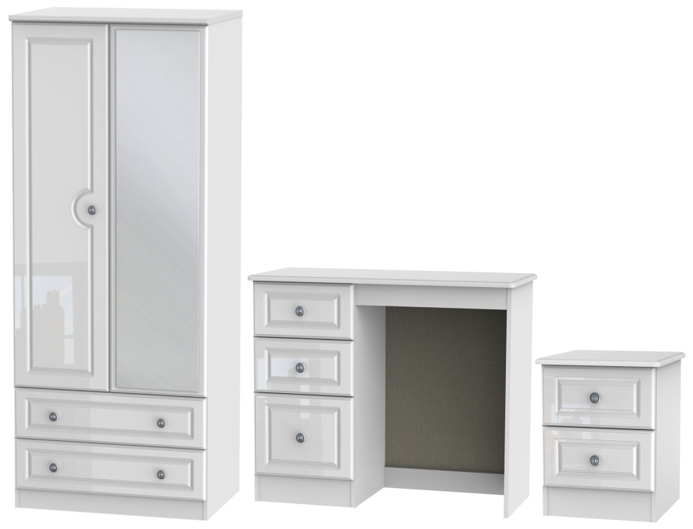 Pembroke High Gloss White 3 Piece Bedroom Set With 2 Door Combi Wardrobe