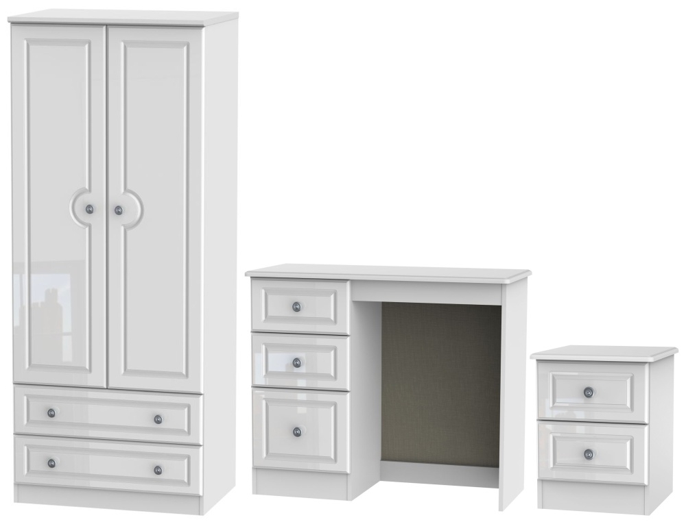 Pembroke High Gloss White 3 Piece Bedroom Set With 2 Drawer Wardrobe