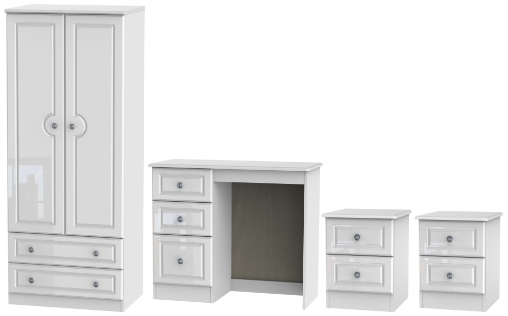 Pembroke High Gloss White 4 Piece Bedroom Set With 2 Drawer Wardrobe