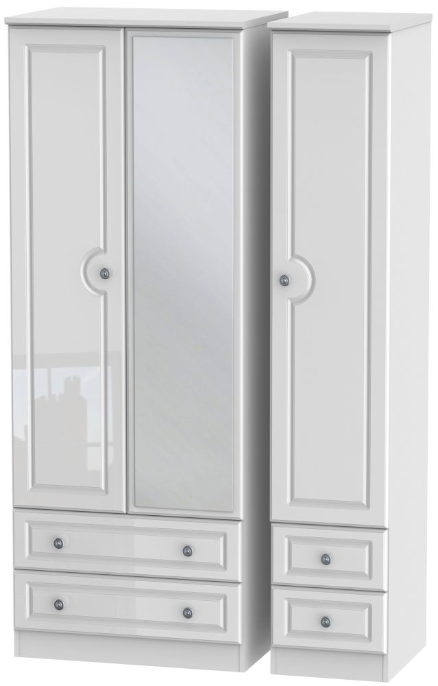 Pembroke High Gloss White 3 Door 4 Drawer Tall Mirror Wardrobe