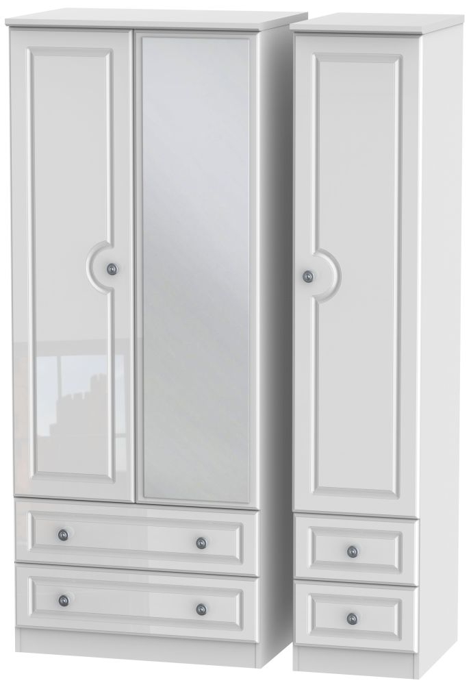 Pembroke High Gloss White 3 Door 4 Drawer Mirror Wardrobe