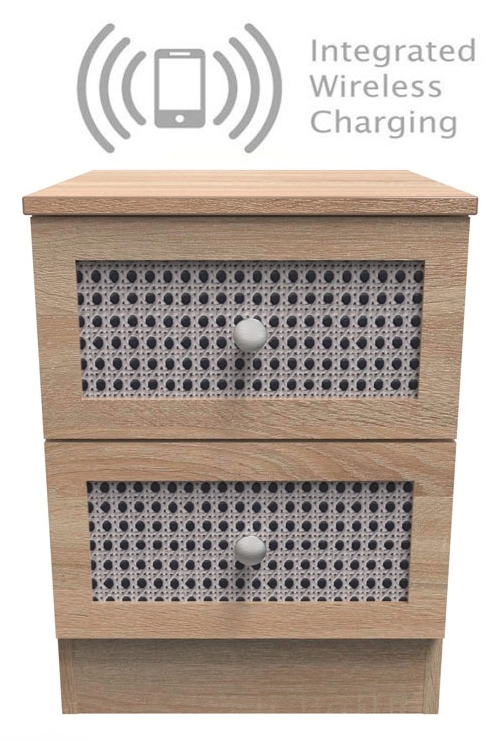 Rattan Bardolino Oak 2 Drawer Bedside Cabinet With Integrated Wireless Charging