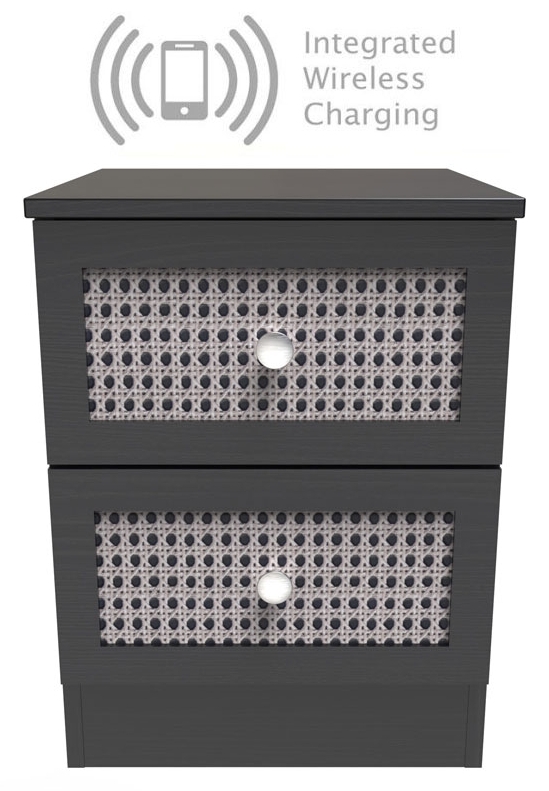 Rattan Black Ash 2 Drawer Bedside Cabinet With Integrated Wireless Charging