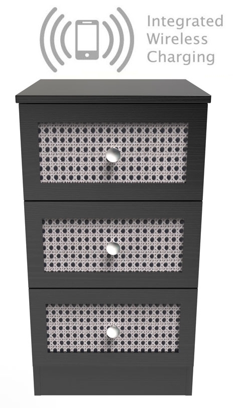 Rattan Black Ash 3 Drawer Bedside Cabinet With Integrated Wireless Charging