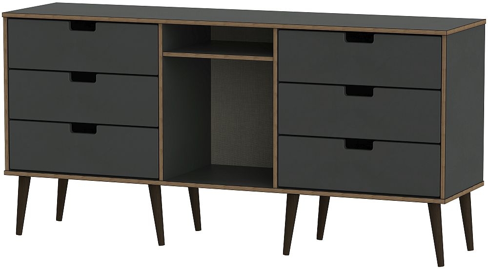 Shanghai Graphite 6 Drawer Tv Unit With Black Wooden Legs