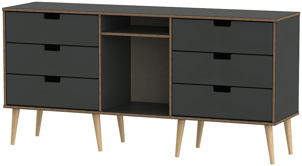 Shanghai Graphite 6 Drawer Tv Unit With Natural Wooden Legs